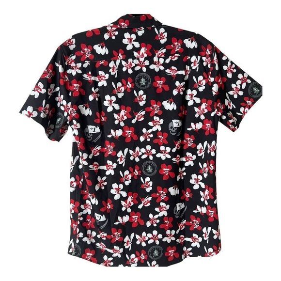 Roody Mens Black Red White Skull Hawaiian Floral Button Down Shirt Size Medium - Picture 2 of 6